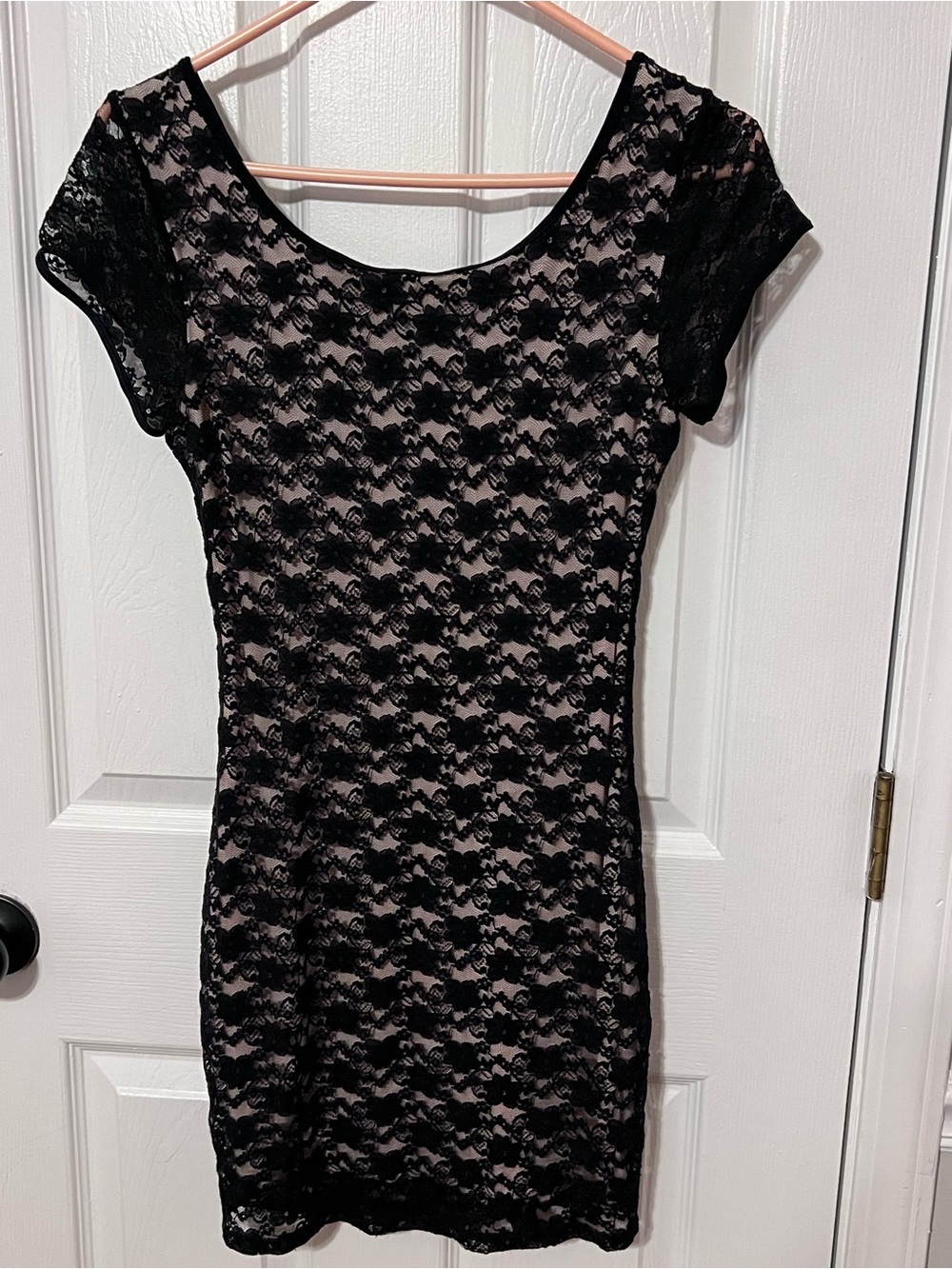 F.I.T. Black Floral Lace Nude Lined Bodycon Dress Small